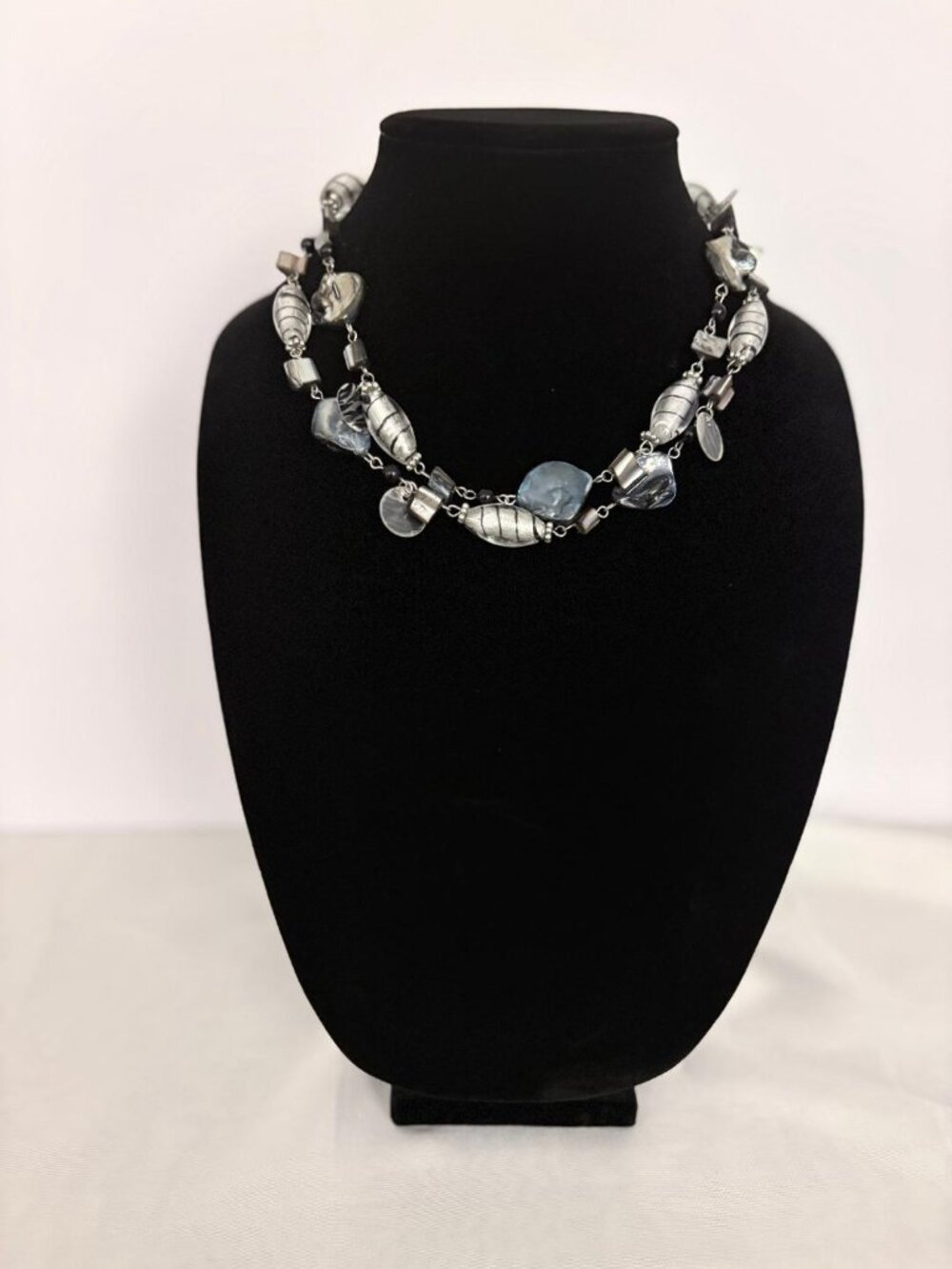 Black & Silver Mixed Bead Statement Necklace 40" Long Layering Boho Chunky